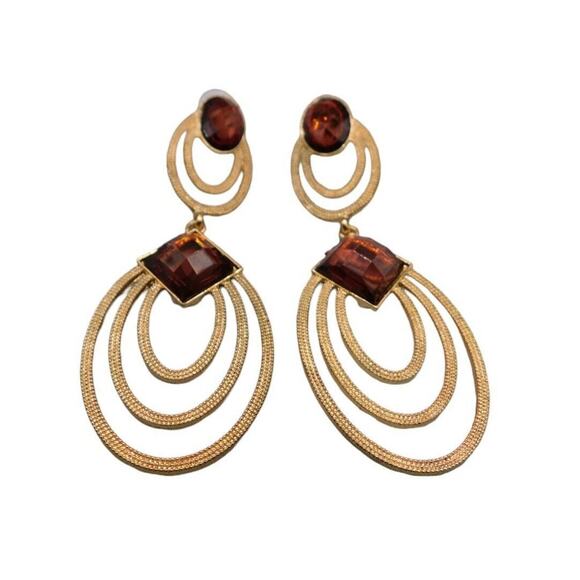 Modern Pierced Dangle Earrings Brown Beads Women Fashion Textured Gold Tone - Picture 8 of 10